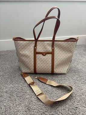 Michael Kors Cream Large Jet Set Logo Canvas Tote with Brown Trim